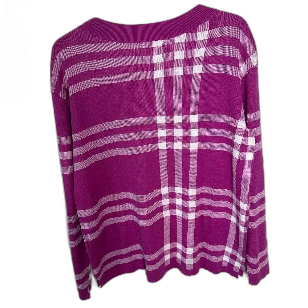 Lands' End Plaid Crewneck Cotton Sweater Magenta Purple Pink Patterned Size M - Picture 3 of 6
